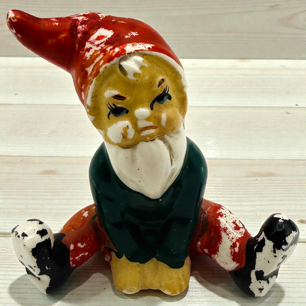 Vintage Ceramic Gnome Figurine Pixie Elf Sprite Sitting Garden Hand Painted 3" H